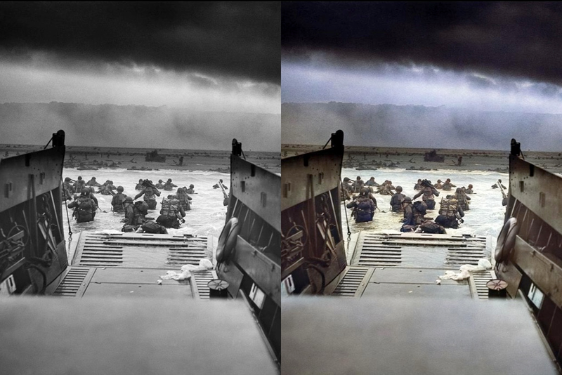Desembarco de Normandía (1944) / a la derecha, la versión coloreada por Colourise.sg